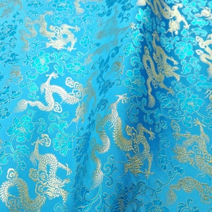 Fabric Silk Brocade Sky Blue and Color Gold Dragon -by half yard-