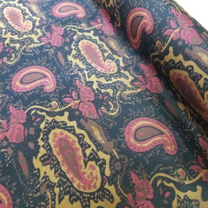Fabric Silk Printed Satin and Color Dark Blue w/Multi color Paisley -by half yard-