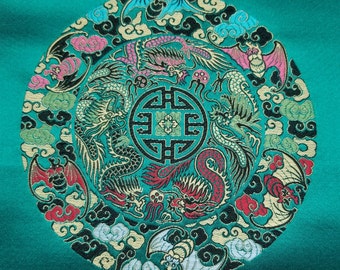 Fabric Silk Brocade Emerald Green and Colorful Dragon/Medallion w/Symbol Happiness - by half yard- Tissu chinoi vert