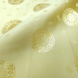 Fabric Silk Brocade Light Gold and color Gold Medallion w/symbol - by half yard-, Brocade Chinois, brocado Chino, Broccato Cinese