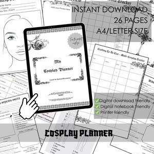 Könnte beinhalten: Ein schwarz-weißer, druckbarer digitaler Planer für Cosplay mit dem Titel "My Cosplay Planner" und dem Text "Sofort-Download 26 Seiten A4/Letter Size".