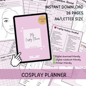 Puede incluir: Un planificador digital imprimible rosa y blanco para cosplayers. El planificador incluye secciones para presupuestos, planificación de vestuario y listas de verificación de empaque. El texto "My Cosplay Planner" aparece en la portada.