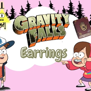 May include: A pair of Gravity Falls earrings featuring the characters Dipper and Mabel Pines. The earrings are in front of a pink background with a cloud and the words "Gravity Falls Earrings".