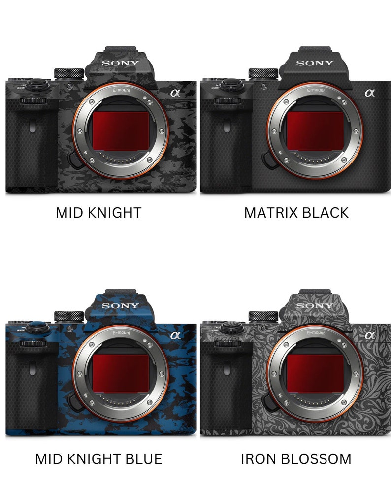 May include: Four Sony Alpha cameras with different patterned designs. The designs are Mid Knight, Matrix Black, Mid Knight Blue, and Iron Blossom.