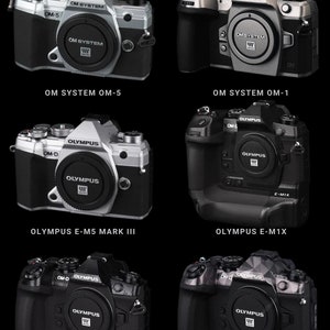 May include: A comparison of six different Olympus camera models: OM-5, OM-1, E-M5 Mark III, E-M1X, E-M1 Mark III, and E-M1 Mark II. The cameras are shown in various colors and finishes, including silver, black, and a camouflage pattern.