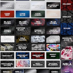 May include: A chart of 48 different camouflage patterns, including Brushed Black, Matrix Black, Retro, Carbon Black, Cross White, Obsidian Black, Obsidian Blue, Military Green, Obsidian White, Hellsing, Brushed Titanium, Carbon White, Stardust White, Stardust Black, Code Red, Code Blue, Code Green, Code Orange, Black Mamba, Silver Mamba, Red Mamba, Blue Mamba, Green Mamba, Contour Black, Nordic Black, Nordic Titanium, Subzero, Gold Mamba, Arctic Camo, Contour White, Obsidian Camo, Tiger Stripe Camo, Shadow Black, Prismatic, Sticker Bomb, CMPK Camo Pink, Midnight, Midnight Blue, Midnight Red, Midnight Green, Nocturnal Waves, WAGD Waves Gold, WBLU Waves Blue, Iron Blossom, Shadow Blossom, NBLA Nebula, GMBA Green Mamba, LFG0 Toy Bricks, PKMN Poreball, CBLU Code Blue, CRED Code Red, STLH Stealth Grey, CORG Code Orange, CGRN Code Green, STGB StarDust Black.