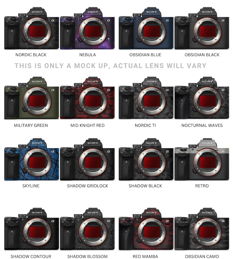 May include: A collage of 12 different camera body designs. Each design features a unique pattern, including a nebula, a cityscape, a camouflage pattern, and a geometric pattern. The camera bodies are all black with a silver lens ring and a red "SONY" logo.