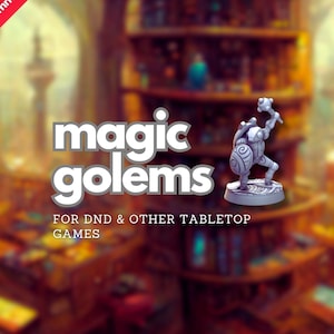 Könnte beinhalten: Eine graue, 28 mm große Miniatur eines Zaubergolems, der einen Hammer hält, für Tabletop-Spiele. Der Golem steht auf einem runden Sockel mit einer strukturierten Oberfläche. Der Text "magic golems" ist auf dem Bild zu sehen.
