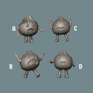 Könnte beinhalten: Vier 3D-gedruckte Modelle eines Cartoon-Charakters in Form eines Knödels mit verschiedenen Gesichtsausdrücken. Der Charakter hat zwei Arme und zwei Beine. Der Charakter ist mit A, B, C und D gekennzeichnet.