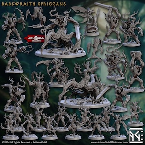 May include: A set of 18 grey plastic miniature figurines of barkwraith spriggans, a type of fantasy creature. The figures are posed in various fighting stances and feature intricate details, including branches, leaves, and roots. The set includes a variety of figures, including a large barkwraith with a sword, a smaller barkwraith with a bow and arrow, and several spriggans with different weapons. The figures are all unpainted and ready to be assembled and painted.