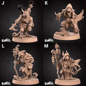 May include: Four miniature figurines of lizard-like creatures with different poses and accessories. The figures are painted in a light brown color and are standing on round bases.