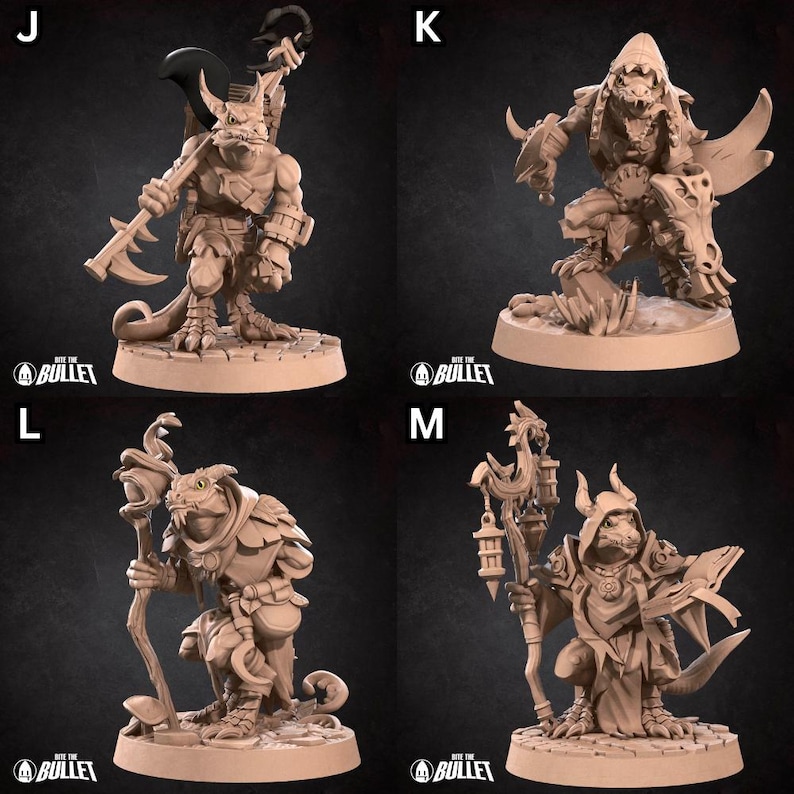 May include: Four miniature figurines of lizard-like creatures with different poses and accessories. The figures are painted in a light brown color and are standing on round bases.