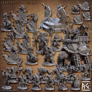 May include: A set of 20 grey painted miniature figurines of turtle-like creatures, some with shells, some with human-like features, and some with both. The miniatures are arranged on a brown background with the text "JADESHELL TURTLEKIN" at the top.