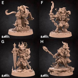 May include: Four miniature figurines of lizard-like creatures, each wearing different armor and holding a weapon. The figures are painted in shades of brown and gray, and they are standing on circular bases.