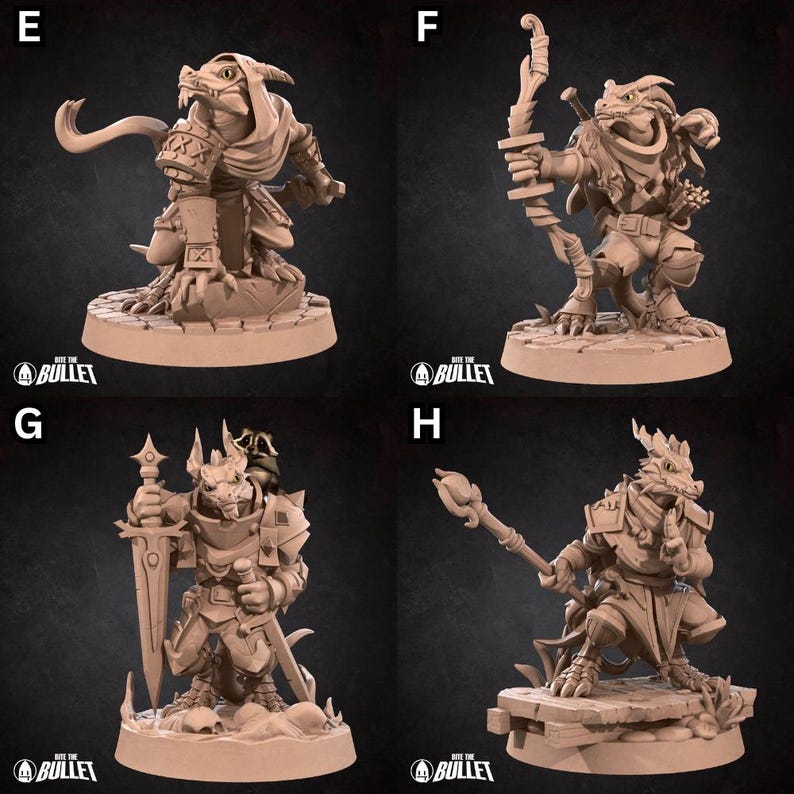 May include: Four miniature figurines of lizard-like creatures, each wearing different armor and holding a weapon. The figures are painted in shades of brown and gray, and they are standing on circular bases.