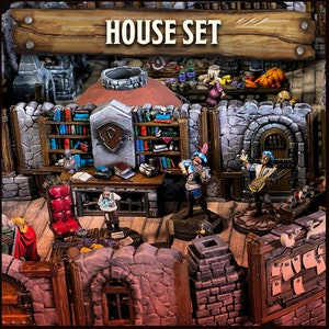May include: A miniature house set for tabletop gaming, featuring a stone exterior, a red brick fireplace, a bookshelf with books, a wooden table, a red chair, and two figures playing music. The set includes a sign with the text "HOUSE SET".