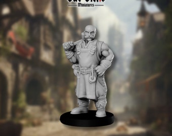 Smid met kaal hoofd en hamer van Vae Victis | 3D-model | Tafelblad miniatuur | DnD | Dorpelingen | NPC | Wapensmid