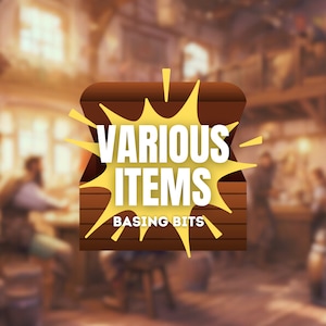 Könnte beinhalten: Eine Holzkiste mit einem gelben Sternburst-Motiv, auf dem "VARIOUS ITEMS BASING BITS" steht.