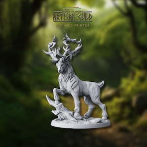 May include: A white, detailed miniature of a stag with large, branching antlers. The stag is standing on a small, tree stump base.