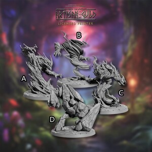 May include: Four 3D printed miniature figures of elemental creatures. The figures are grey and are posed in dynamic stances. The figures are labelled A, B, C, and D. The figures are on circular bases. The background is a blurred image of a forest.