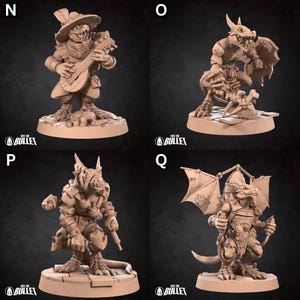 May include: Four miniature figurines of lizard-like creatures, each with a different pose and accessories. The figures are painted in a light brown color and have detailed features. The figures are labeled N, O, P, and Q.