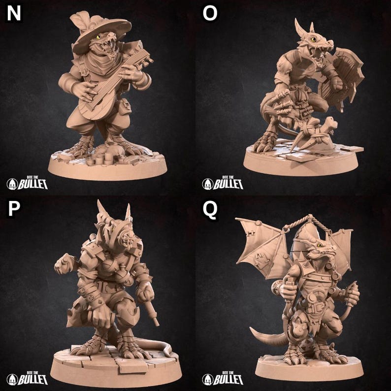 May include: Four miniature figurines of lizard-like creatures, each with a different pose and accessories. The figures are painted in a light brown color and have detailed features. The figures are labeled N, O, P, and Q.