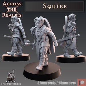 Könnte beinhalten: Eine 32 mm große Miniatur eines Squires, der ein Schwert und einen Schild hält, mit einer 25 mm großen Base. Die Miniatur ist unbemalt und aus grauem Kunststoff. Die Miniatur ist Teil der Across the Realms-Kollektion.