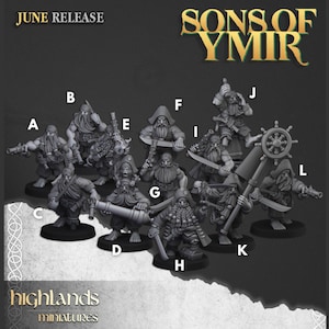 May include: A set of 12 grey plastic miniature figures of dwarves, each with a unique pose and weapon, labeled with letters A through L. The figures are part of the Sons of Ymir line from Highlands Miniatures.