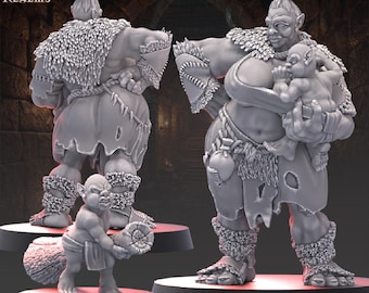 Female Ogre / Ogre Woman with Child 28mm Miniature for DnD and other tabletop games | Baby Ogre by Across the Realms