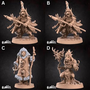 May include: Four miniature figurines of lizard-like creatures with different clothing and accessories. The figures are painted in shades of brown, white, and green. The figures are standing on circular bases.