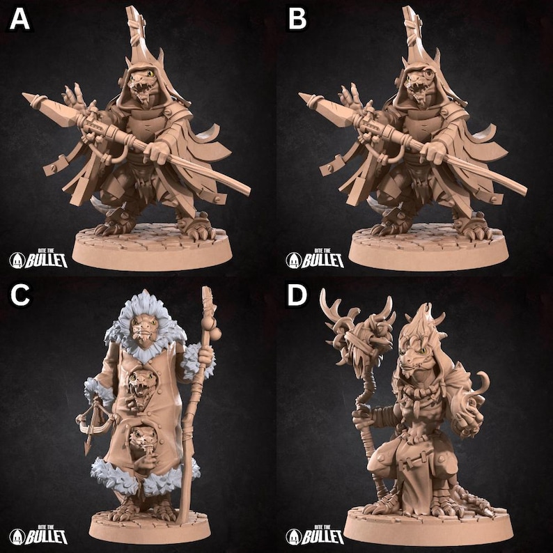May include: Four miniature figurines of lizard-like creatures with different clothing and accessories. The figures are painted in shades of brown, white, and green. The figures are standing on circular bases.