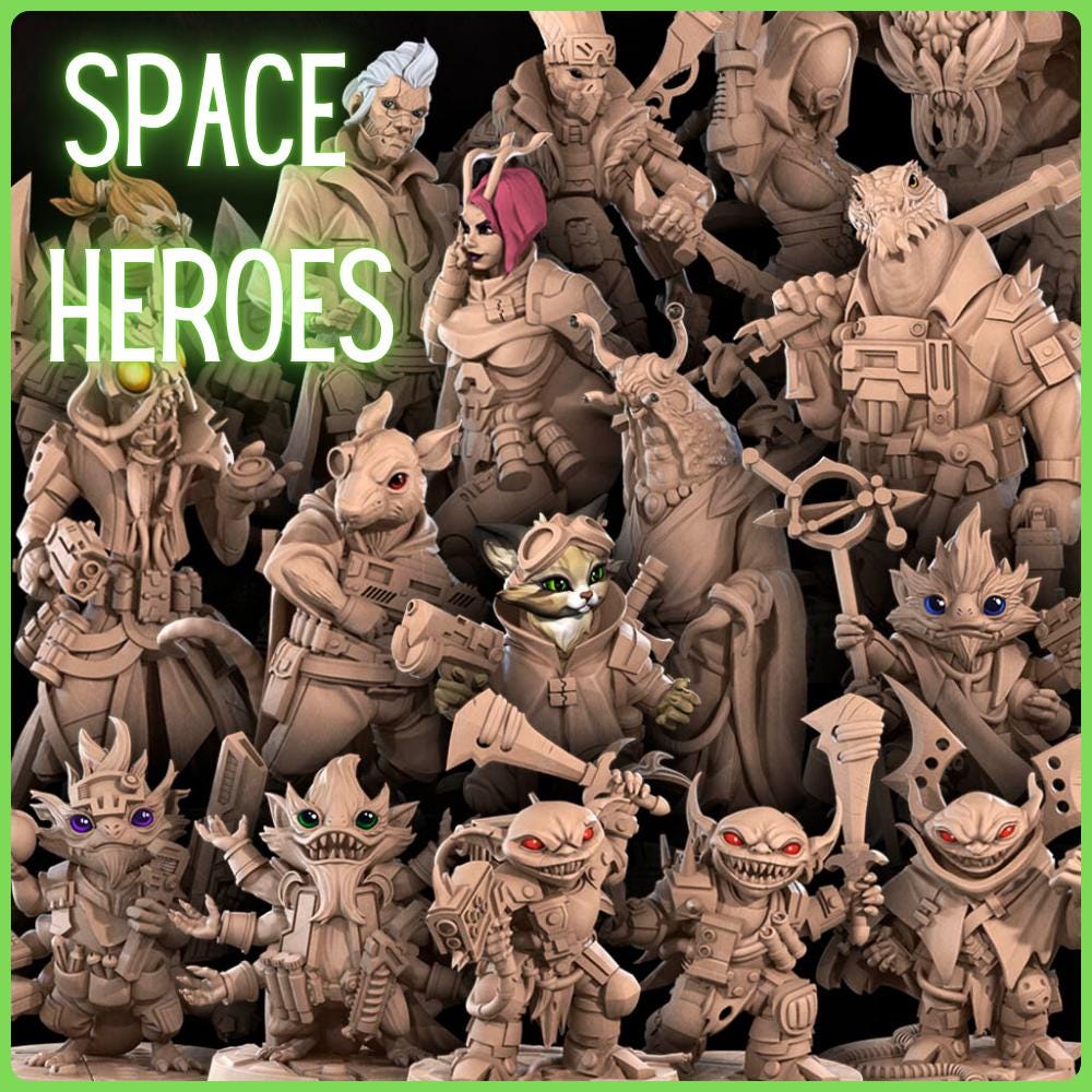 Space Heroes 28 mm miniatures for DnD and other tabletops such as Stargrave | Scifi Mouse Snail Space Goblins by Bite the Bullet