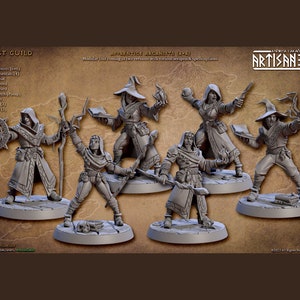 May include: Six grey plastic miniature figures of wizards in various poses, holding staffs, books, and other magical items. The figures are standing on round bases. The text "Apprentice Arcanists (6+6)" is visible in the image.