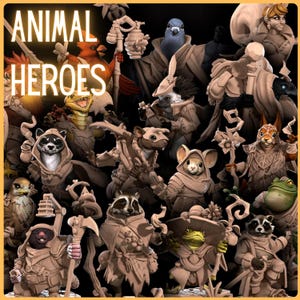 May include: A collection of animal hero figurines, including a raccoon, a fox, a frog, a bird, a mouse, a cat, a rabbit, a mole, and a squirrel. The figurines are all painted in a realistic style and are posed in a variety of action poses. The figurines are all made of a high-quality material and are perfect for collectors or for use in role-playing games.
