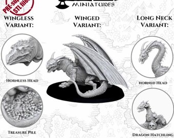 Dragon for MESBG or DnD | Miniature Lindworm Cave Dragon Hoard 28 mm 3D Printed Tabletop | Unreleased Miniatures
