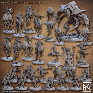 Könnte beinhalten: Ein Set mit 20 grauen Plastik-Miniaturfiguren, darunter eine große, vielbeinige Kreatur, eine Gruppe von Figuren, die spinnenartige Kreaturen reiten, und eine Vielzahl von menschenähnlichen Figuren. Die Figuren sind alle in verschiedenen Posen und vor einem braunen Hintergrund platziert. Der Text "BLACKTONGUE ASSASSINS" befindet sich oben im Bild.