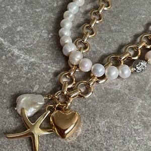 Multi Charm Gold Chunky Chain Necklace, Chunky Heart Necklace, Heart Large Pearl Starfish Charm ...