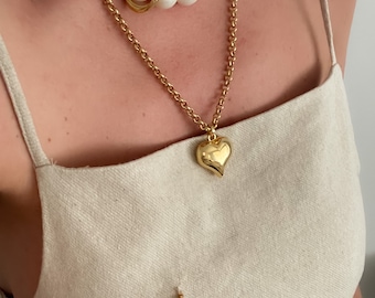 Collier coeur en or 18 carats, longue chaîne en plaqué or 18