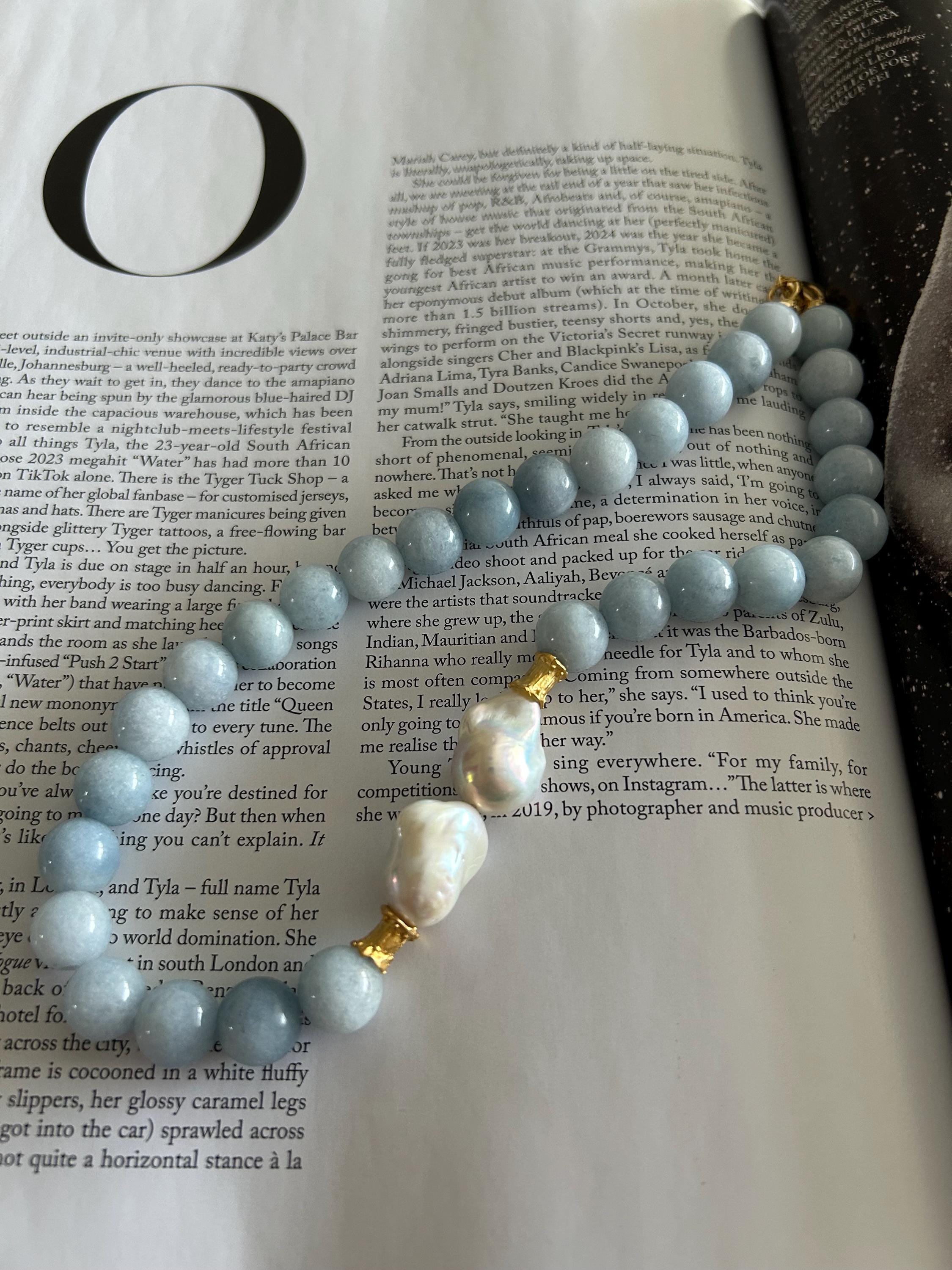 Genuine aquamarine Baroque Pearl Choker, Gemstone Necklace, beaded aquamarine choker, chunky gemstone choker, baroque pearl necklace, gift