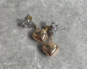 Heart earrings silver gold dangle stud, mixed metal earrings, chunky earrings silver gold vintage style, hammered heart earrings, women gift