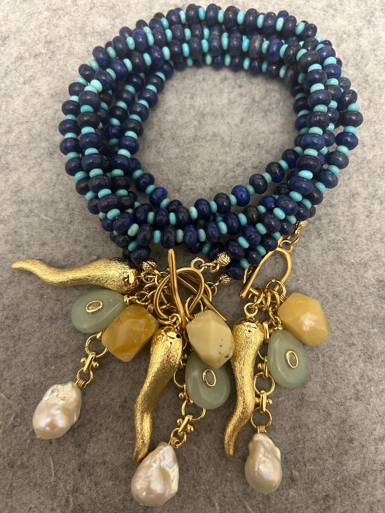 Lapis Lazuli Perlen Multi Charm Halskette: Türkis, Achat, Perle, Horn Bild 5