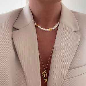 Chunky Pearl Choker: 24k Gold Face Charms, Handmade Necklace