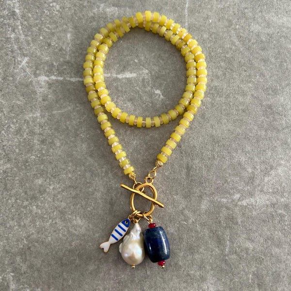 Lemon Jade Beaded Necklace: Baroque Pearl, Lapis & Fish Charms