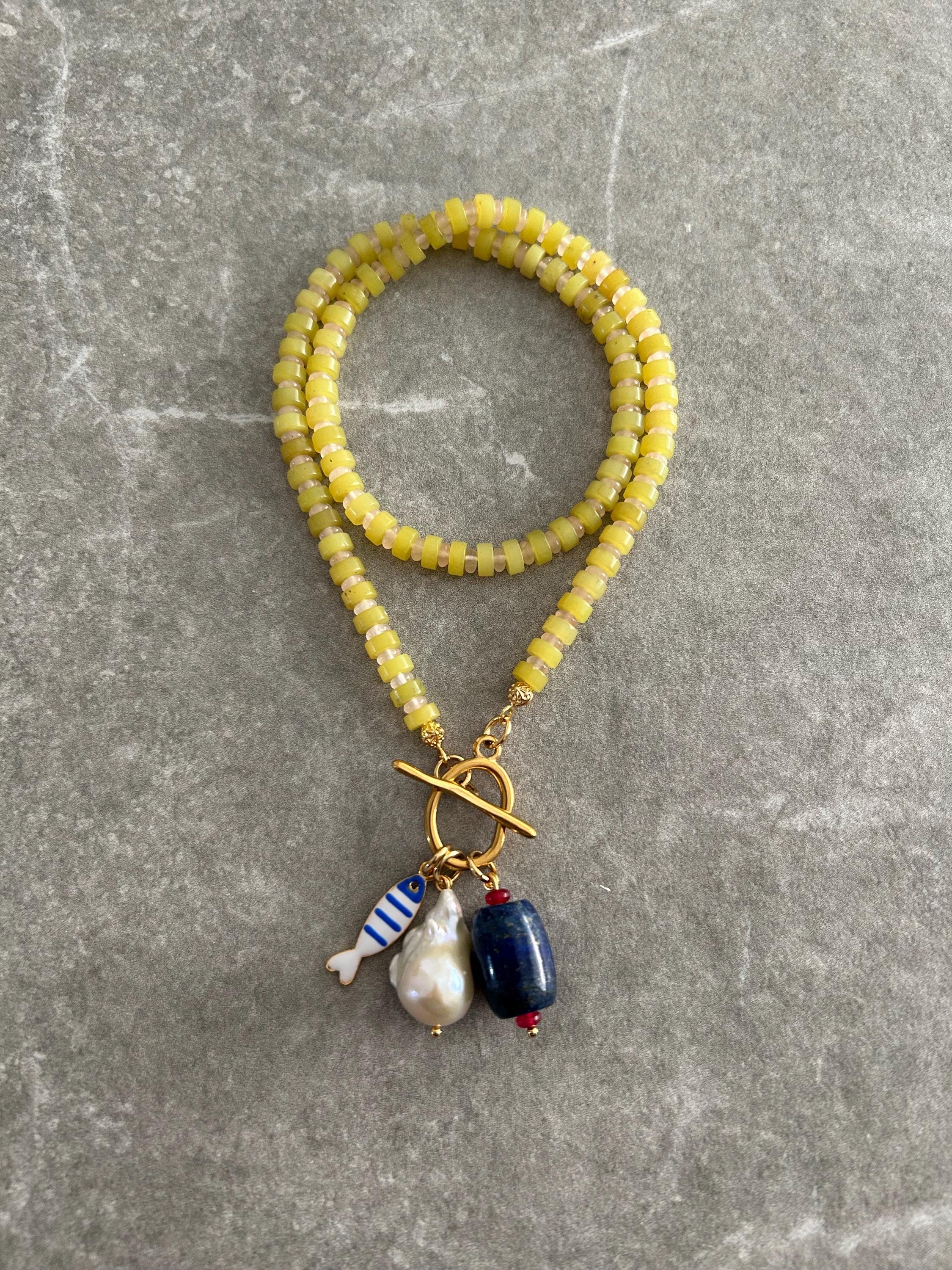 genuine gemstone beaded Lemon green necklace, baroque pearl charm fish charm lapis lazuli charms necklace, multi charm necklace, summer gift