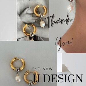 May include: Gold hoop earrings with a silver ball and a white pearl dangling from each hoop. The earrings are shown against a white background with the text "Thank You!" and "EST. 2012 CJ DESIGN Premium Quality Handcrafted jewellery" below.