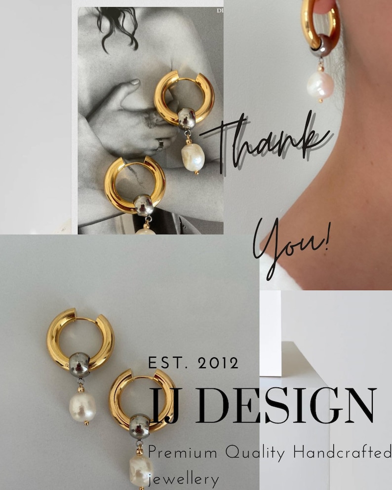May include: Gold hoop earrings with a silver ball and a white pearl dangling from each hoop. The earrings are shown against a white background with the text "Thank You!" and "EST. 2012 CJ DESIGN Premium Quality Handcrafted jewellery" below.