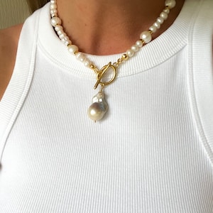 Baroque Pearl Choker Necklace: Chunky Freshwater Pearl Toggle, 18k Gold