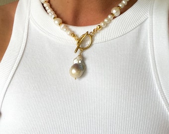 Baroque Pearl Choker Necklace: Chunky Freshwater Pearl Toggle, 18k Gold
