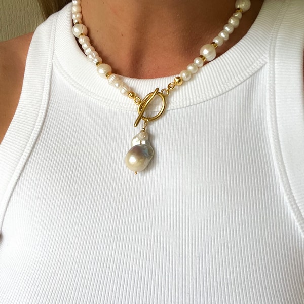 Large pearl necklace, baroque pearl choker pendant necklace, chunky pearl choker, toggle pearl necklace, women gift, bridal wedding necklace