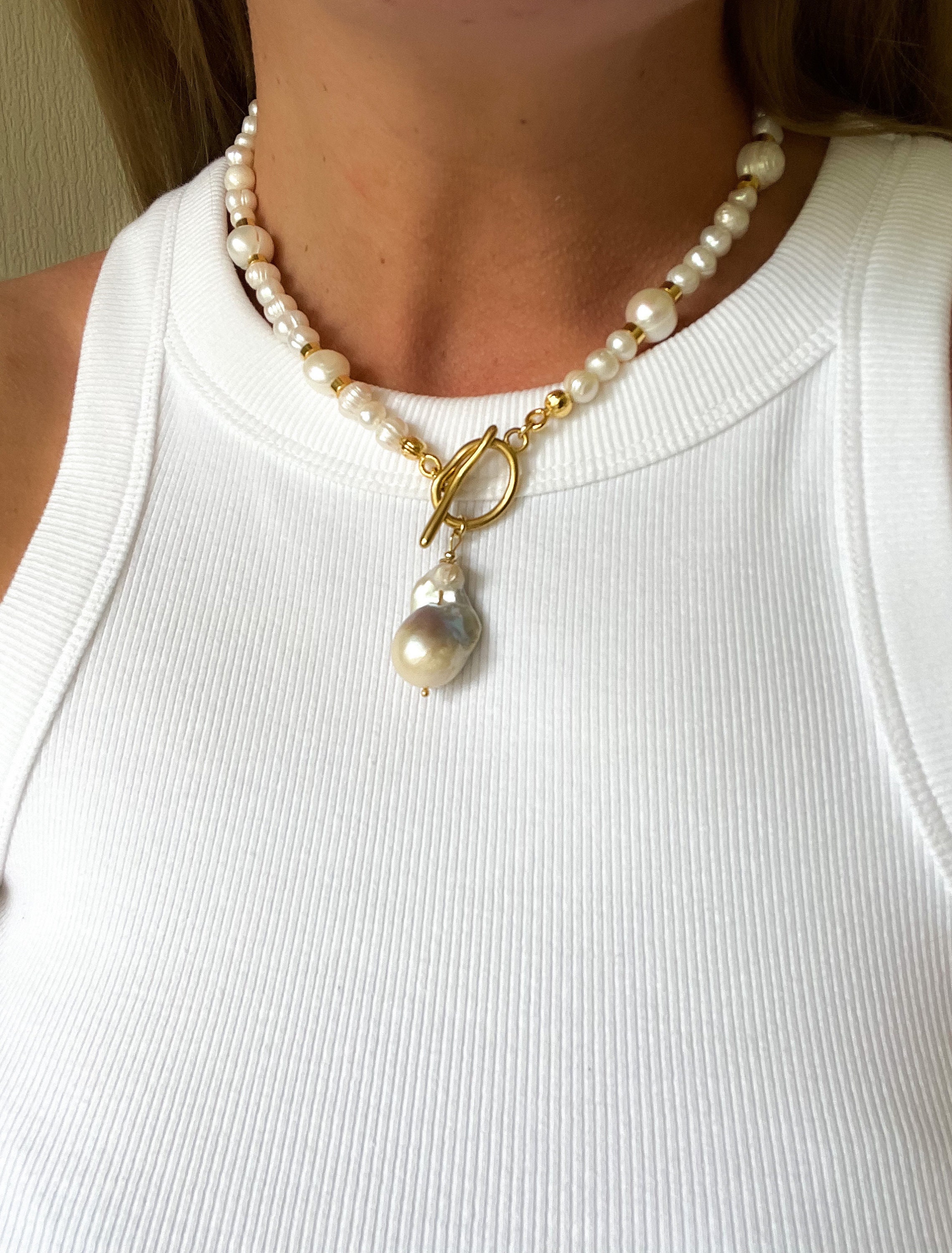 Large Pearl Necklace, Baroque Pearl Choker Pendant Necklace